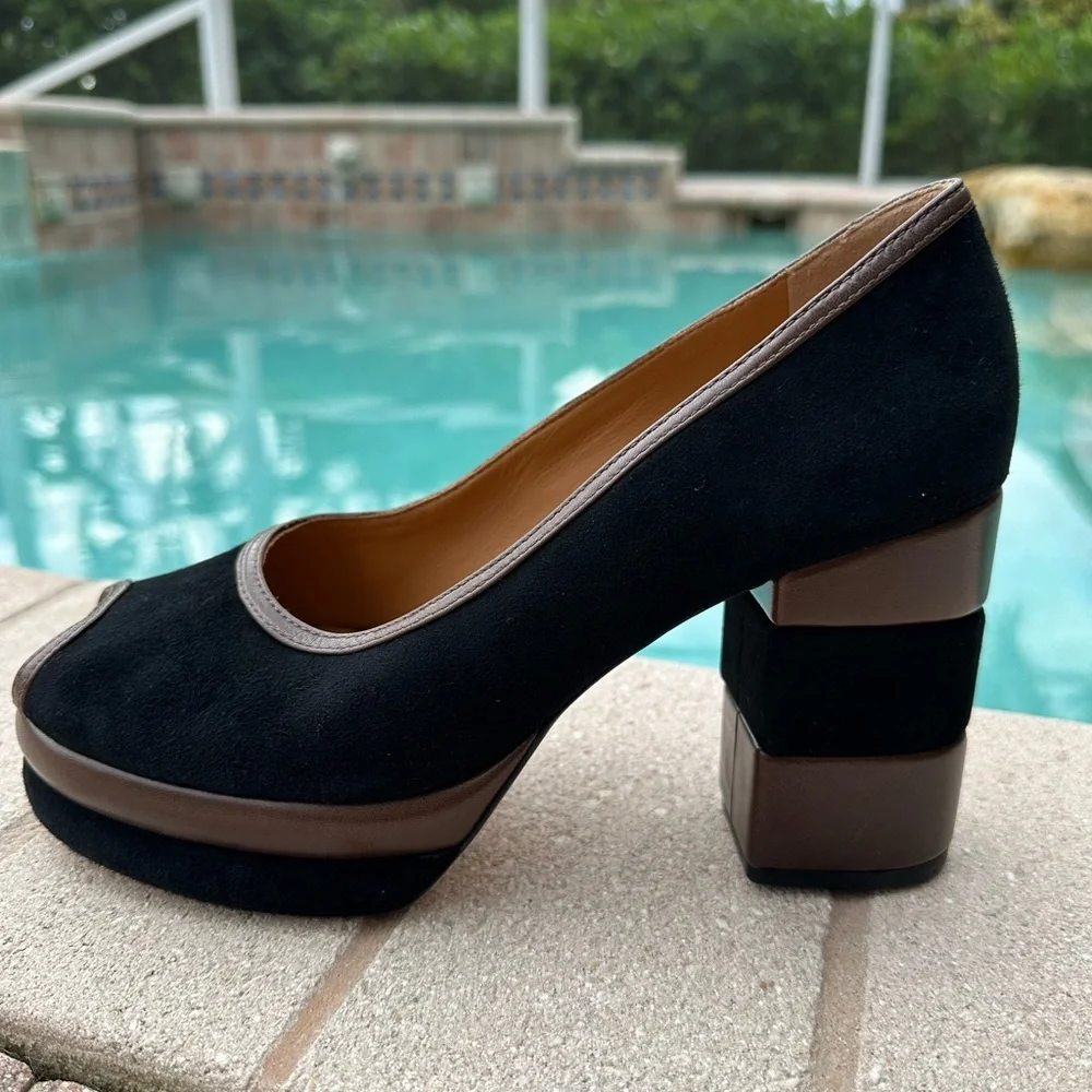 Tory Burch 70s Peep-Toe Leather & Suede Platform Pumps Women’s Size 8.5